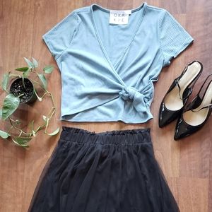 Black Pleated Tulle Sheer Midi Skirt with Slip